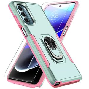 kself moto g stylus 5g 2022 case: shockproof military-grade, ring kickstand, tempered glass protector (green & pink)