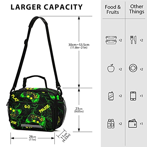 Eionryn Video Game Lunch Bags Green Marble Texture Lunch Box Insulated Cooler Bag Reusable Tote Shoulder Bag for Outdoor Picnic Meal Office