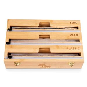 woodzii 3 in 1 plastic wrap dispenser with cutter - bamboo foil and plastic wrap organizer for kitchen drawer or wall mount - wax paper & aluminum foil organizer compatible with 12" roll