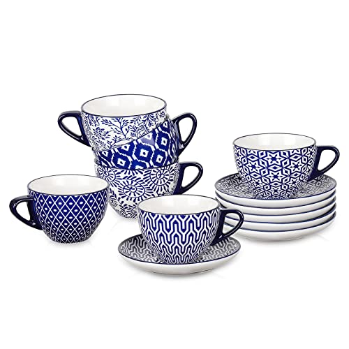 Selamica Ceramic 8 oz Cappuccino Cup Set with Saucers, Espresso Coffee Cups, Latte Macchiato for Party Cafe Home, Christmas Gift, Set of 6, Vintage Blue