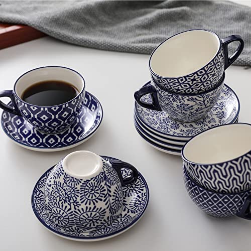 Selamica Ceramic 8 oz Cappuccino Cup Set with Saucers, Espresso Coffee Cups, Latte Macchiato for Party Cafe Home, Christmas Gift, Set of 6, Vintage Blue