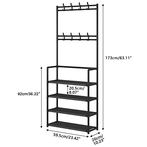 UDEAR 4-Tier Coat and Shoe Rack,Entryway Coat Rack Hallway Bench Storage Organizer with 8 Hooks for Living Room,Bedroom,Office,Black