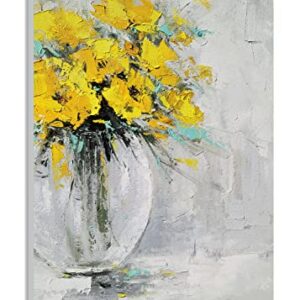 Yihui Arts Large Yellow Hand Painted Textured Sunflower Wall Art in Vase - Modern Abstract Design for Living Room Bedroom Decor