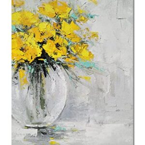 Yihui Arts Large Yellow Hand Painted Textured Sunflower Wall Art in Vase - Modern Abstract Design for Living Room Bedroom Decor