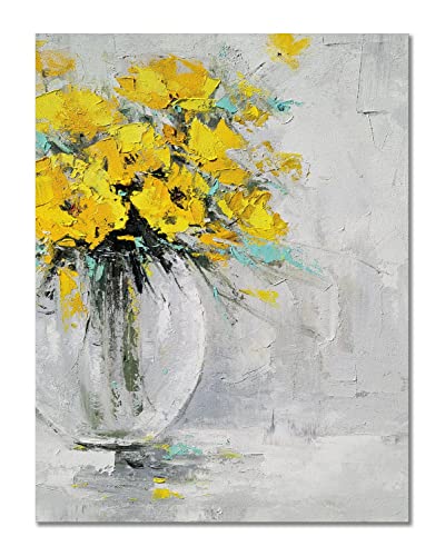 Yihui Arts Large Yellow Hand Painted Textured Sunflower Wall Art in Vase - Modern Abstract Design for Living Room Bedroom Decor