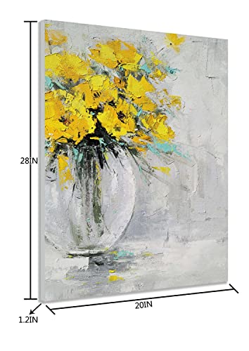 Yihui Arts Large Yellow Hand Painted Textured Sunflower Wall Art in Vase - Modern Abstract Design for Living Room Bedroom Decor