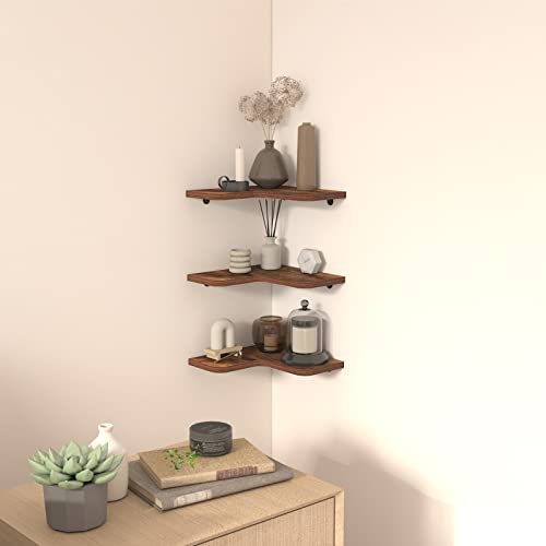 Lyeasw Corner Shelf for Wall Mounted 6 Pack, Rustic Wood Brown Floating Wall Shelf for Bathroom Kitchen Bedroom Living Room