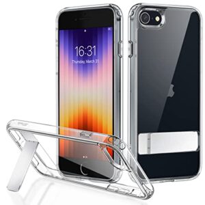 jetech kickstand case for iphone se 3/2 (2022/2020 edition), iphone 8/7, 4.7-inch, support wireless charging, slim shockproof bumper phone cover, 3-way metal stand (clear)