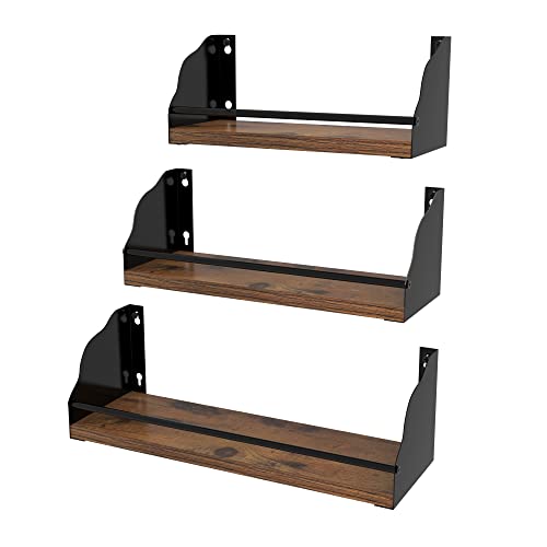 EYMPEU Floating Wall Shelves Set of 3 with Fence, Rustic Wall Shelf with Bar Bracket for Wall Mounted Hanging, Bathroom, Kitchen, Bedroom, Living Room, Plant