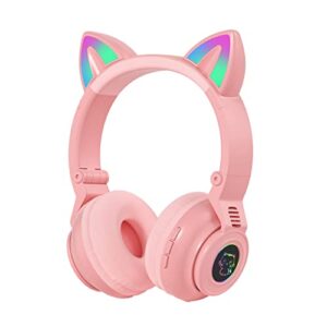 headset cat ears bluetooth earphone wireless gaming noise cancelling 8 hours with mic usb virtual reality detachable cute luminous mouse ear rainbow rgb flashing light on-ear headphone (pink) (er-1)