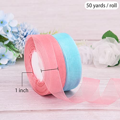 Hapeper 2 Rolls 1 Inch Sheer Organza Chiffon Ribbons for Gift Wrapping DIY Crafts Party Decoration, 50 Yards/ Roll (Pink, Light Blue)