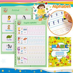 4Pcs Large Magic Practice Copybook for Kids, Handwriting Practice Book for Kids, Magic Ink Print Handwriting Workbook with 1 Pen + 8 Refills + 1 Grip for Beginners, Preschoolers & Kindergarten Kids