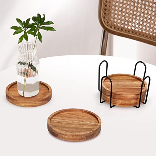 4 Pcs Best Wooden Coasters with Holder Cute Coasters Acacia Wood Drink Coaster Set Round Cool Beer Coaster Decor Beverage Cup Coasters Modern Bar Coasters Gift Best Coffee Table Coasters