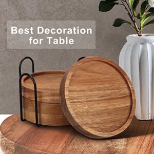 4 Pcs Best Wooden Coasters with Holder Cute Coasters Acacia Wood Drink Coaster Set Round Cool Beer Coaster Decor Beverage Cup Coasters Modern Bar Coasters Gift Best Coffee Table Coasters