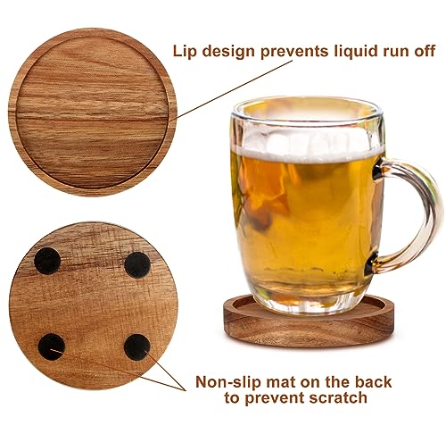 4 Pcs Best Wooden Coasters with Holder Cute Coasters Acacia Wood Drink Coaster Set Round Cool Beer Coaster Decor Beverage Cup Coasters Modern Bar Coasters Gift Best Coffee Table Coasters