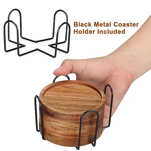 4 Pcs Best Wooden Coasters with Holder Cute Coasters Acacia Wood Drink Coaster Set Round Cool Beer Coaster Decor Beverage Cup Coasters Modern Bar Coasters Gift Best Coffee Table Coasters