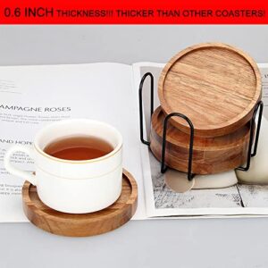 4 Pcs Best Wooden Coasters with Holder Cute Coasters Acacia Wood Drink Coaster Set Round Cool Beer Coaster Decor Beverage Cup Coasters Modern Bar Coasters Gift Best Coffee Table Coasters