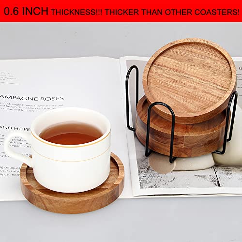 4 Pcs Best Wooden Coasters with Holder Cute Coasters Acacia Wood Drink Coaster Set Round Cool Beer Coaster Decor Beverage Cup Coasters Modern Bar Coasters Gift Best Coffee Table Coasters