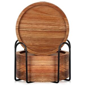 4 Pcs Best Wooden Coasters with Holder Cute Coasters Acacia Wood Drink Coaster Set Round Cool Beer Coaster Decor Beverage Cup Coasters Modern Bar Coasters Gift Best Coffee Table Coasters