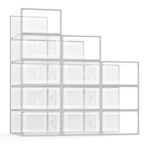 bonusuper 12 pack large storage boxes, organizer for closet, clear plastic stackable, space saving shoe containers bins holders sneaker display case
