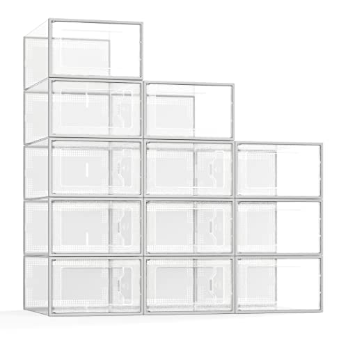 bonusuper 12 Pack Large Storage Boxes, Organizer for Closet, Clear Plastic Stackable, Space Saving Shoe Containers Bins Holders Sneaker Display Case