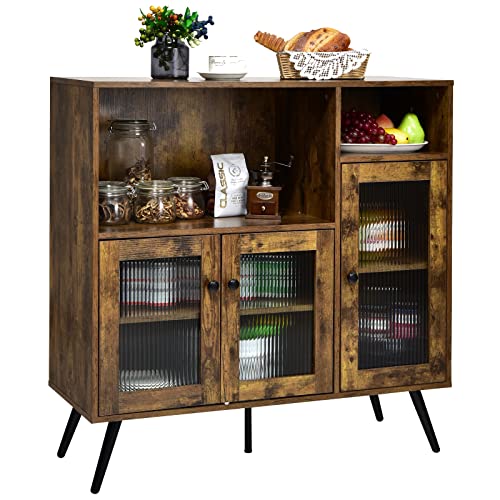 Giantex Buffet Sideboard with Storage, Industrial Cupboard, 3 Door Wood Pantry, 2 Creadenzas 2 Shelves, Standing Storage Cabinet with Legs, Kitchen Living Room