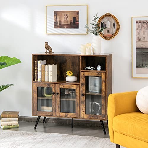 Giantex Buffet Sideboard with Storage, Industrial Cupboard, 3 Door Wood Pantry, 2 Creadenzas 2 Shelves, Standing Storage Cabinet with Legs, Kitchen Living Room