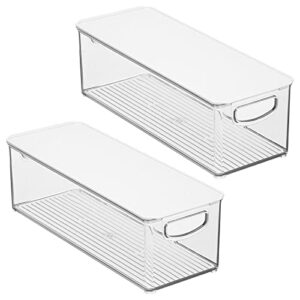 mDesign Slim Plastic Storage Bin Box Container with Lid and Built-In Handles - Organization for Fruit, Snacks, or Food in Kitchen Pantry, Cabinet, Counter, or Cupboard, 2 Pack, Clear/White