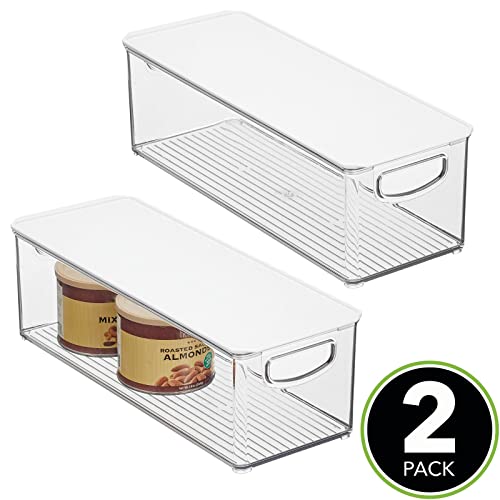 mDesign Slim Plastic Storage Bin Box Container with Lid and Built-In Handles - Organization for Fruit, Snacks, or Food in Kitchen Pantry, Cabinet, Counter, or Cupboard, 2 Pack, Clear/White