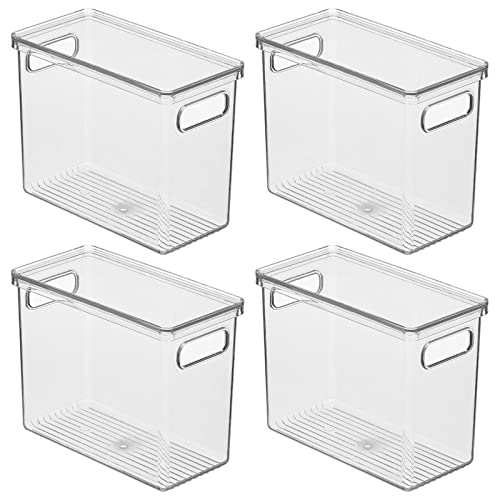 mDesign Slim Plastic Stackable Bathroom Cabinet Storage Bin Box with Handles/Lid, Drawer Stacking Organizer for Soap, Lotion, Towels, and Accessories, Ligne Collection, 4 Pack, Clear