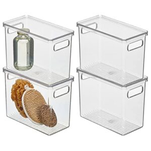 mdesign slim plastic stackable bathroom cabinet storage bin box with handles/lid, drawer stacking organizer for soap, lotion, towels, and accessories, ligne collection, 4 pack, clear