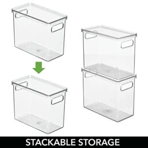 mDesign Slim Plastic Stackable Bathroom Cabinet Storage Bin Box with Handles/Lid, Drawer Stacking Organizer for Soap, Lotion, Towels, and Accessories, Ligne Collection, 4 Pack, Clear