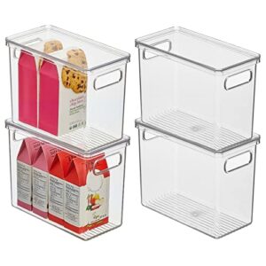 mdesign slim plastic stackable kitchen cabinet storage bin box, handles and lid - fridge, cabinet, counter organizer for snacks, food, drinks, or supplies, ligne collection, 4 pack, clear