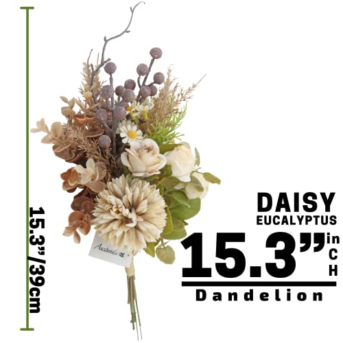 AUSBENDER 2Packs Artificial Faux Flowers Plant Silk 15.3" Fall Arrangement Boho Style Bouquets Floral Rustic Decoration Table Centerpieces for Home Kitchen (Pretty Dandelion Eucalyptus Daisy)