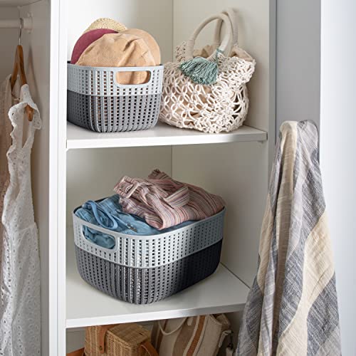 Simplify 4 Pack 2 Tone Sailor Knot Storage Tote | Decorative Basket | Closet Organization | De-clutter | Accessories | Toys | Bathroom Organization | Medium | Grey/Grey