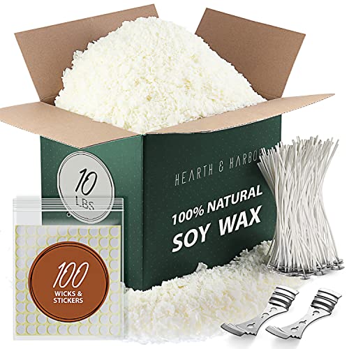 Hearth & Harbor Soy Candle Wax for Candle Making - Natural Soy Wax for Candle Making 10 lb Bag, Premium Soy Wax Flakes, 100 Cotton Candle Wicks, 100 Wick Stickers, & 2 Centering Devices