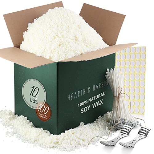 Hearth & Harbor Soy Candle Wax for Candle Making - Natural Soy Wax for Candle Making 10 lb Bag, Premium Soy Wax Flakes, 100 Cotton Candle Wicks, 100 Wick Stickers, & 2 Centering Devices