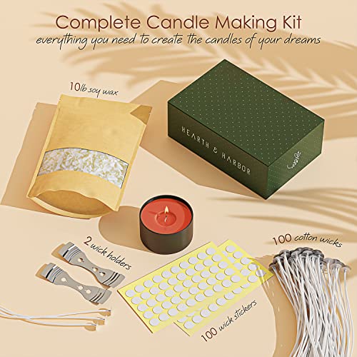 Hearth & Harbor Soy Candle Wax for Candle Making - Natural Soy Wax for Candle Making 10 lb Bag, Premium Soy Wax Flakes, 100 Cotton Candle Wicks, 100 Wick Stickers, & 2 Centering Devices