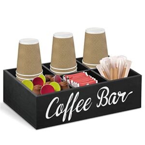 wooden coffee station organizer, coffee bar accessories organizer for coffee bar decor, kcup coffee pods holder storage basket with removable dividers, coffee tea bag dispenser organizer