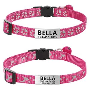 lareine 2 pack cat collar personalized, breakaway kitten collar with phone and name tag, cat collars reflective with bell for girls & boys (7.5"-12.5" neck, hot pink)