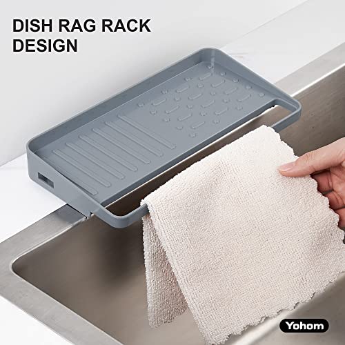 YOHOM Suction Cup Sponge Holder for Kitchen 2-in-1 in Sink Dish Rag Holder for Undermount Sink Plastic Scrubber Sponge Tray Organizer, Installation Size 9.06" L x 3.15" W