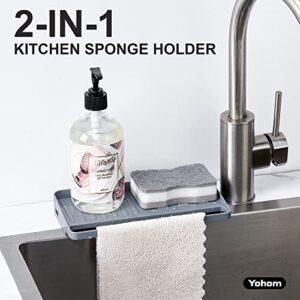 YOHOM Suction Cup Sponge Holder for Kitchen 2-in-1 in Sink Dish Rag Holder for Undermount Sink Plastic Scrubber Sponge Tray Organizer, Installation Size 9.06" L x 3.15" W