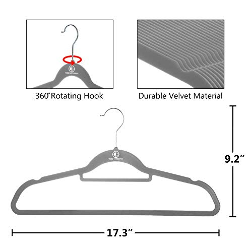 Closet Accessories 50 Pack Velvet Hangers Study Heavy Duty Hangers Including Tie Bar, Notches, and 360° Chrome Hook. (Gray)