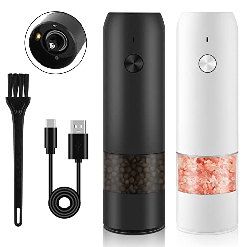 Electric Salt and Pepper Grinder Set - Automatic Pepper and Salt Mill Grinder USB Rechargeable with Adjustable Coarseness LED Light One Hand Operation