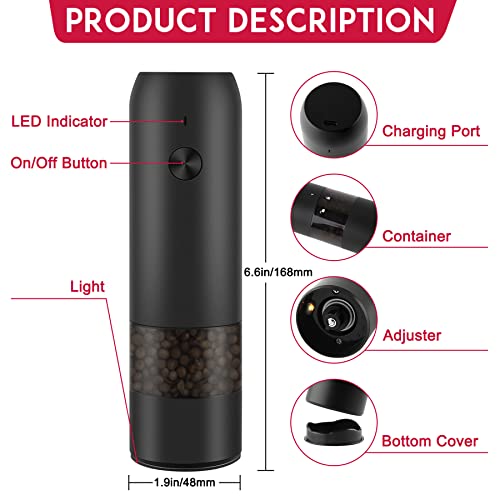 Electric Salt and Pepper Grinder Set - Automatic Pepper and Salt Mill Grinder USB Rechargeable with Adjustable Coarseness LED Light One Hand Operation