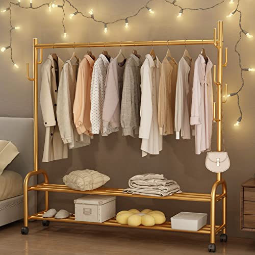 GAMNOF Gold Clothes Rack with Wheels Gold Garment Rack with Storage Shelf Freestanding Gold Clothing Racks for Hanging Clothes
