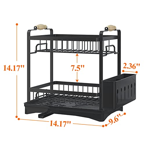 GILLAS Dish Drying Rack for Small Kitchen Counter, 2 Tier Dish Racks with Drainboard Set, Rust-Proof, Upgrade Wooden Handles, Space Saving, Black