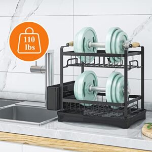 GILLAS Dish Drying Rack for Small Kitchen Counter, 2 Tier Dish Racks with Drainboard Set, Rust-Proof, Upgrade Wooden Handles, Space Saving, Black