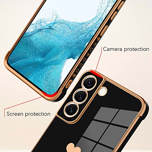 Bonoma Compatible with Samsung Galaxy S22 5G Case Love Heart Plating Electroplate Luxury Elegant Case Camera Protector Soft TPU Shockproof Protective Corner Back Cover Galaxy S22 5G Case -Black