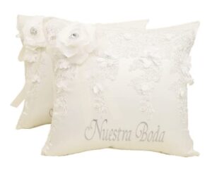 set of 2 ivory wedding kneeling pillows, embroidered nuestra boda kneeling pillows, satin and lace kneeling pillows, ivory/silver, 2 count (pack of 1)
